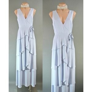 BCBG Blue Maxi Formal Dress 6-S Layered Ruffled V neck Wedding Made of honor NEW